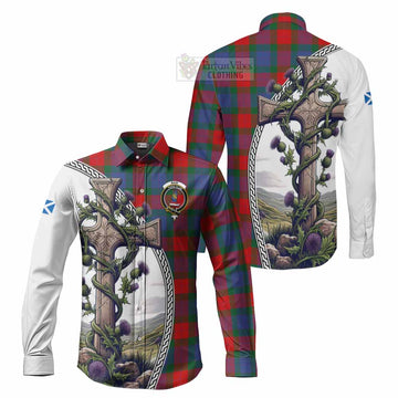 Mar Tartan Long Sleeve Button Shirt with Family Crest and St. Andrew's Cross Accented by Thistle Vines Men's Shirt S - Tartan Vibes Clothing