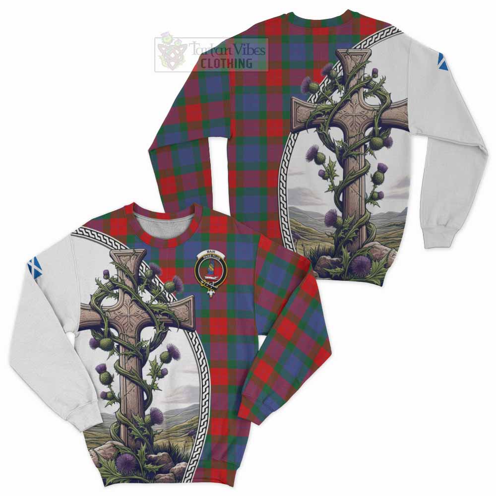 Mar Tartan Sweatshirt with Family Crest and St. Andrew's Cross Accented by Thistle Vines Unisex - Tartan Vibes Clothing