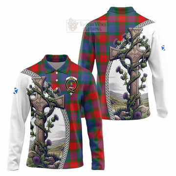 Mar Tartan Long Sleeve Polo Shirt with Family Crest and St. Andrew's Cross Accented by Thistle Vines Unisex - Tartan Vibes Clothing