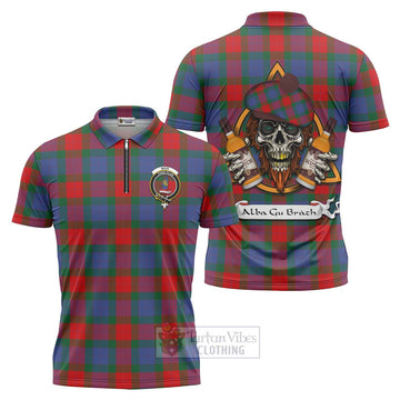 Mar Tartan Zipper Polo Shirt with Family Crest and Bearded Skull Holding Bottles of Whiskey Unisex - Tartan Vibes Clothing
