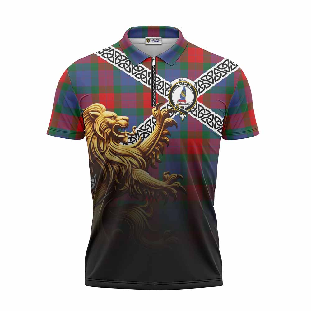Mar Crest Tartan Zipper Polo Shirt with Golden Lion Emblem Celtic Style Unisex - Tartan Vibes Clothing