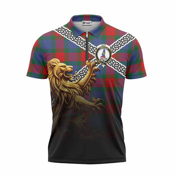 Mar Crest Tartan Zipper Polo Shirt with Golden Lion Emblem Celtic Style Unisex - Tartan Vibes Clothing