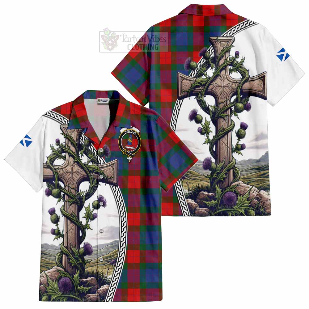 Mar Tartan Hawaiian Shirt with Family Crest and St. Andrew's Cross Accented by Thistle Vines Kid - Tartan Vibes Clothing