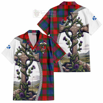 Mar Tartan Hawaiian Shirt with Family Crest and St. Andrew's Cross Accented by Thistle Vines Kid - Tartan Vibes Clothing