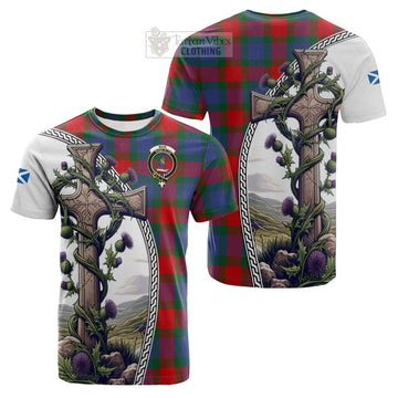 Mar Tartan Cotton T-shirt with Family Crest and St. Andrew's Cross Accented by Thistle Vines Kid's Shirt - Tartan Vibes Clothing