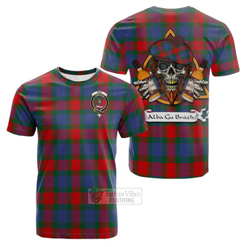 Mar Tartan Cotton T-shirt with Family Crest and Bearded Skull Holding Bottles of Whiskey Kid's Shirt - Tartan Vibes Clothing