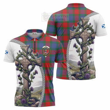 Mar Tartan Zipper Polo Shirt with Family Crest and St. Andrew's Cross Accented by Thistle Vines Unisex - Tartan Vibes Clothing