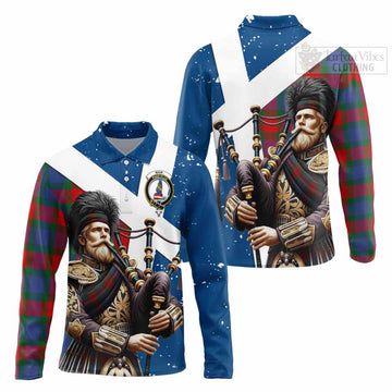 Mar Tartan Long Sleeve Polo Shirt with Family Crest Scottish Bagpiper Vibes Unisex - Tartan Vibes Clothing