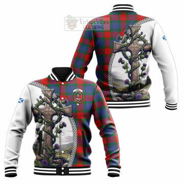 Mar Tartan Baseball Jacket with Family Crest and St. Andrew's Cross Accented by Thistle Vines Unisex - Tartan Vibes Clothing