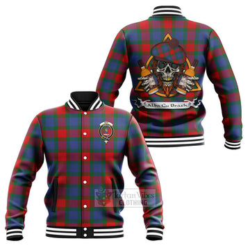 Mar Tartan Baseball Jacket with Family Crest and Bearded Skull Holding Bottles of Whiskey Unisex - Tartan Vibes Clothing