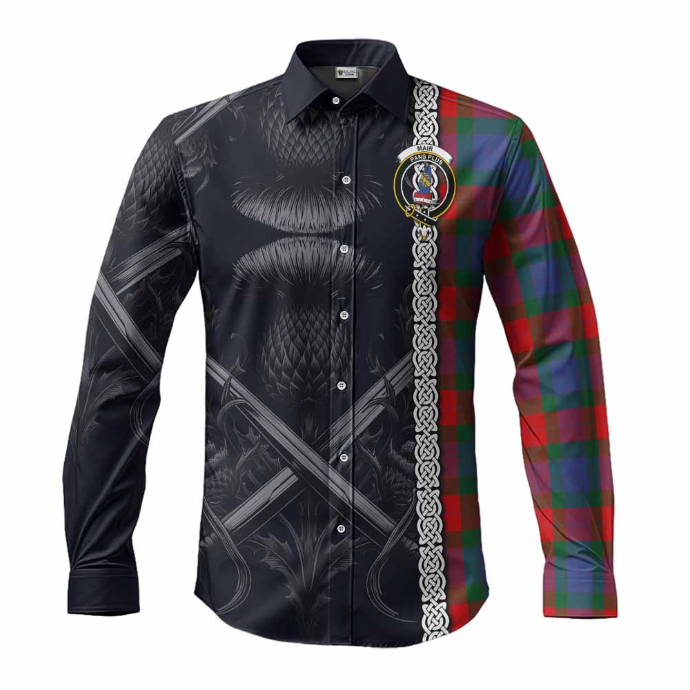 Tartan Vibes Clothing Mar Tartan Long Sleeve Button Shirt with Family Crest Cross Sword Thistle Celtic Vibes