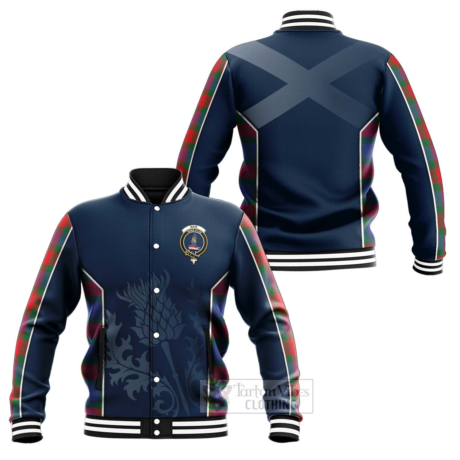 Mar Tartan Baseball Jacket with Family Crest and Scottish Thistle Vibes Sport Style Unisex - Tartan Vibes Clothing