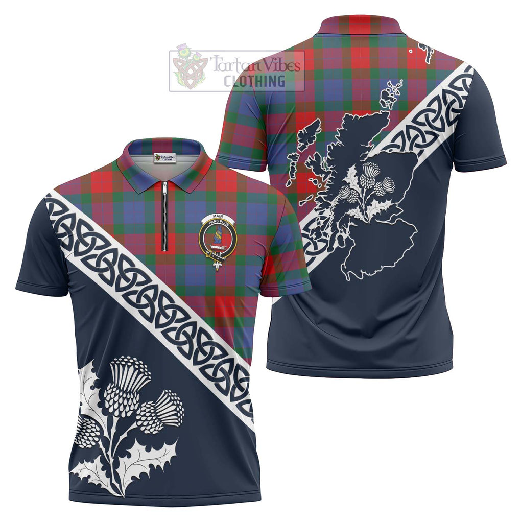 Mar Tartan Zipper Polo Shirt Featuring Thistle and Scotland Map Unisex - Tartanvibesclothing Store