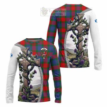 Mar Tartan Long Sleeve T-Shirt with Family Crest and St. Andrew's Cross Accented by Thistle Vines Unisex - Tartan Vibes Clothing