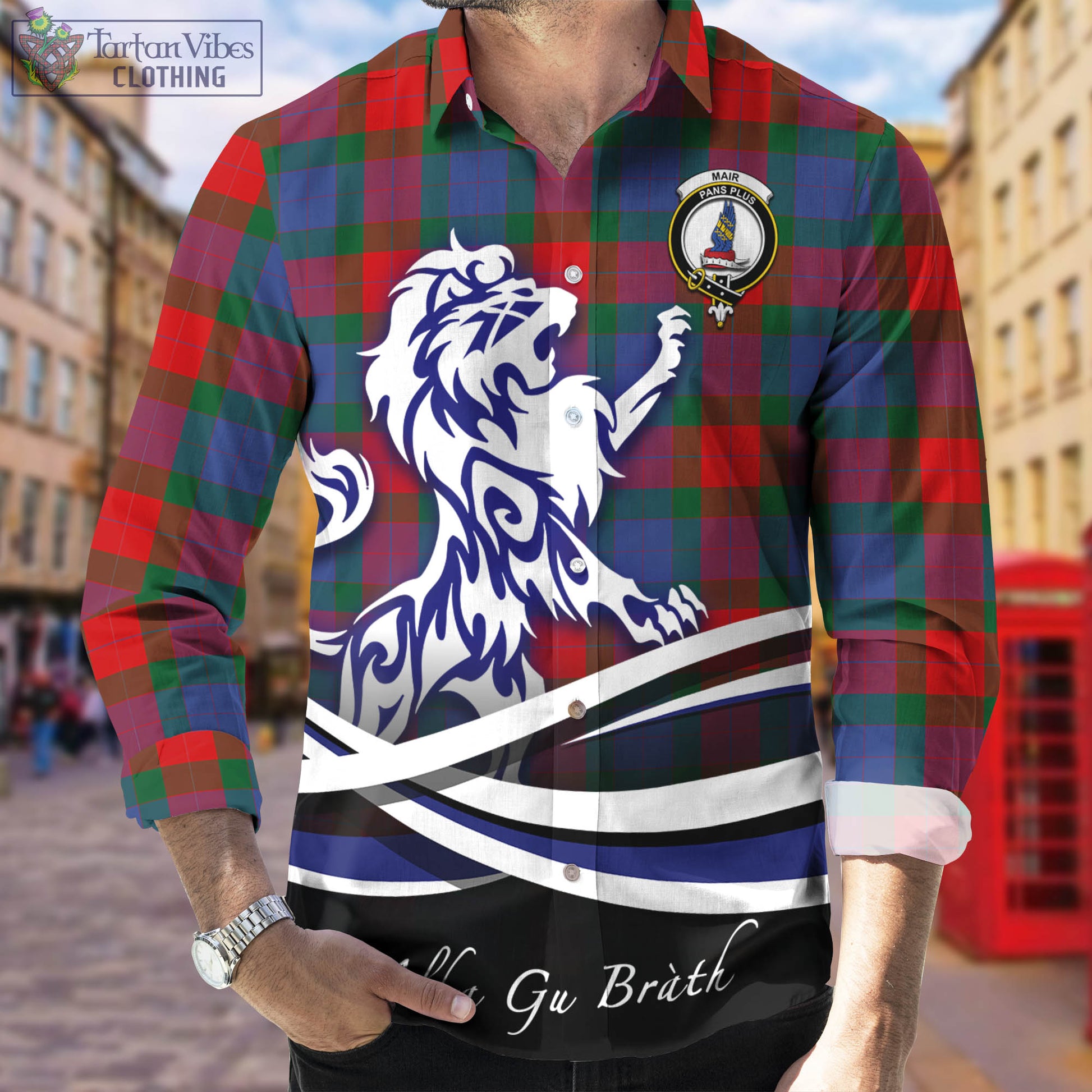 Mar Tartan Long Sleeve Button Up Shirt with Alba Gu Brath Regal Lion Emblem Men's Shirt - Tartan Vibes Clothing