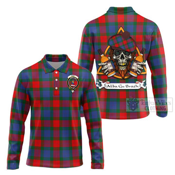 Mar Tartan Long Sleeve Polo Shirt with Family Crest and Bearded Skull Holding Bottles of Whiskey Unisex - Tartan Vibes Clothing