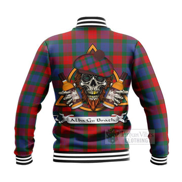 Mar Tartan Baseball Jacket with Family Crest and Bearded Skull Holding Bottles of Whiskey - Tartan Vibes Clothing