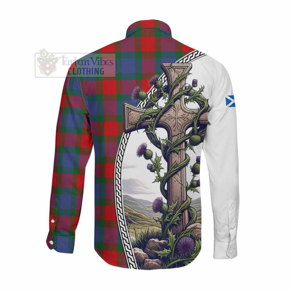 Mar Tartan Long Sleeve Button Shirt with Family Crest and St. Andrew's Cross Accented by Thistle Vines Men's Shirt - Tartan Vibes Clothing