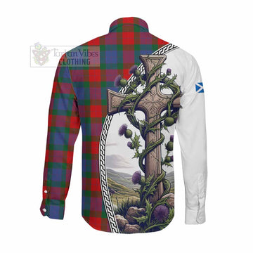 Mar Tartan Long Sleeve Button Shirt with Family Crest and St. Andrew's Cross Accented by Thistle Vines Men's Shirt - Tartan Vibes Clothing