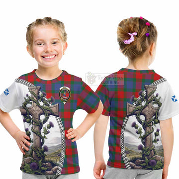 Mar Tartan Kid T-Shirt with Family Crest and St. Andrew's Cross Accented by Thistle Vines - Tartan Vibes Clothing