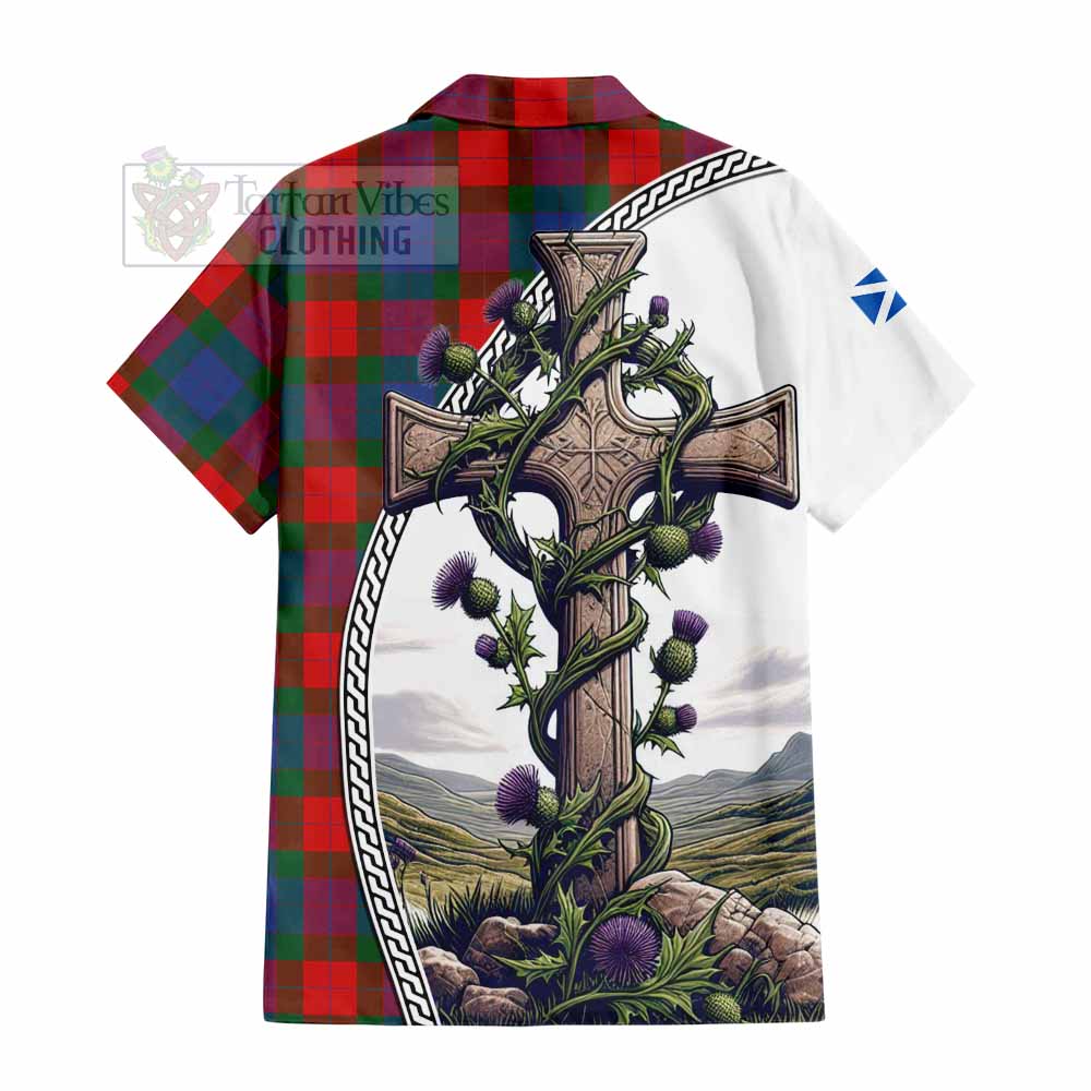 Mar Tartan Hawaiian Shirt with Family Crest and St. Andrew's Cross Accented by Thistle Vines - Tartan Vibes Clothing