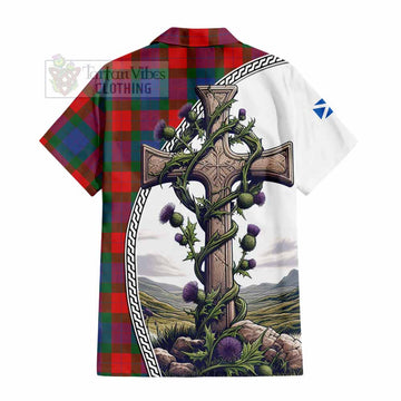 Mar Tartan Hawaiian Shirt with Family Crest and St. Andrew's Cross Accented by Thistle Vines - Tartan Vibes Clothing