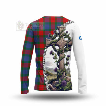 Mar Tartan Long Sleeve T-Shirt with Family Crest and St. Andrew's Cross Accented by Thistle Vines - Tartan Vibes Clothing