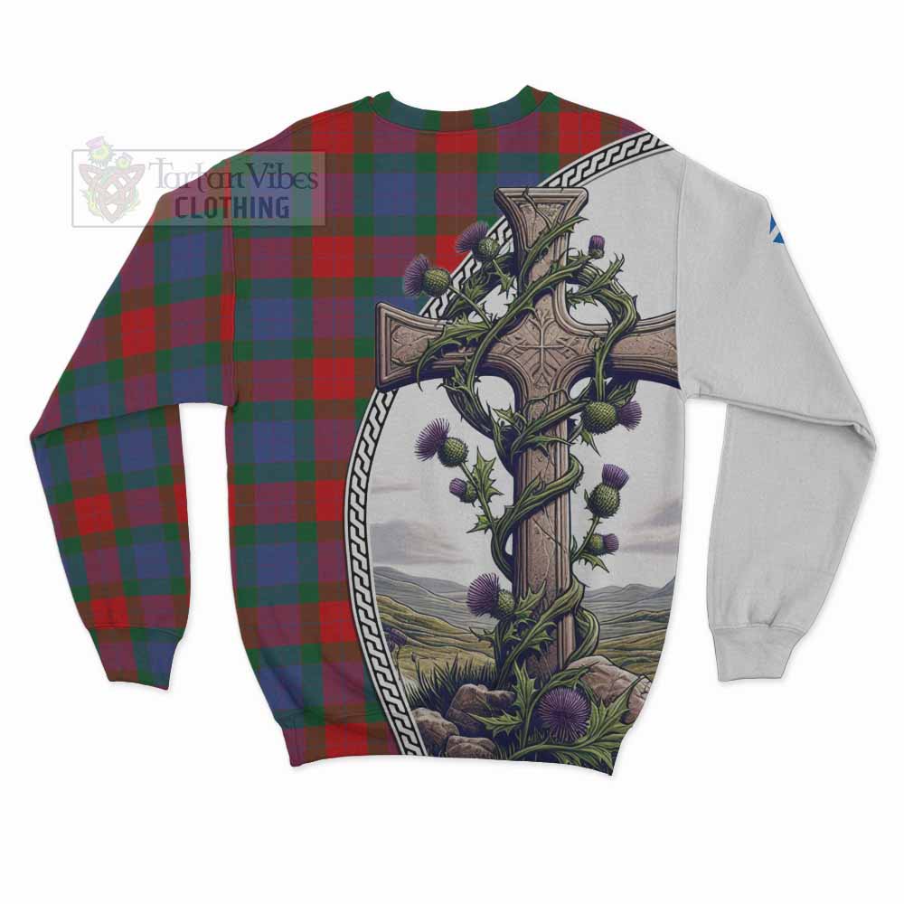 Mar Tartan Sweatshirt with Family Crest and St. Andrew's Cross Accented by Thistle Vines - Tartan Vibes Clothing