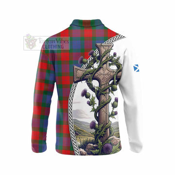Mar Tartan Long Sleeve Polo Shirt with Family Crest and St. Andrew's Cross Accented by Thistle Vines - Tartan Vibes Clothing
