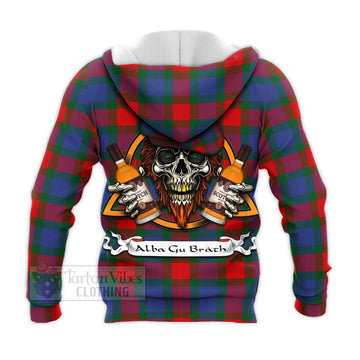 Mar Tartan Knitted Hoodie with Family Crest and Bearded Skull Holding Bottles of Whiskey - Tartan Vibes Clothing