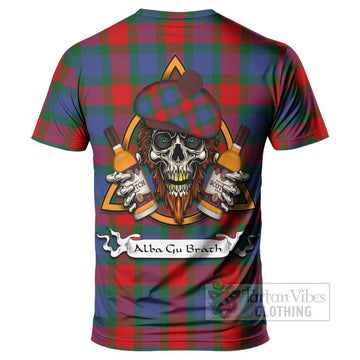 Mar Tartan T-Shirt with Family Crest and Bearded Skull Holding Bottles of Whiskey - Tartan Vibes Clothing