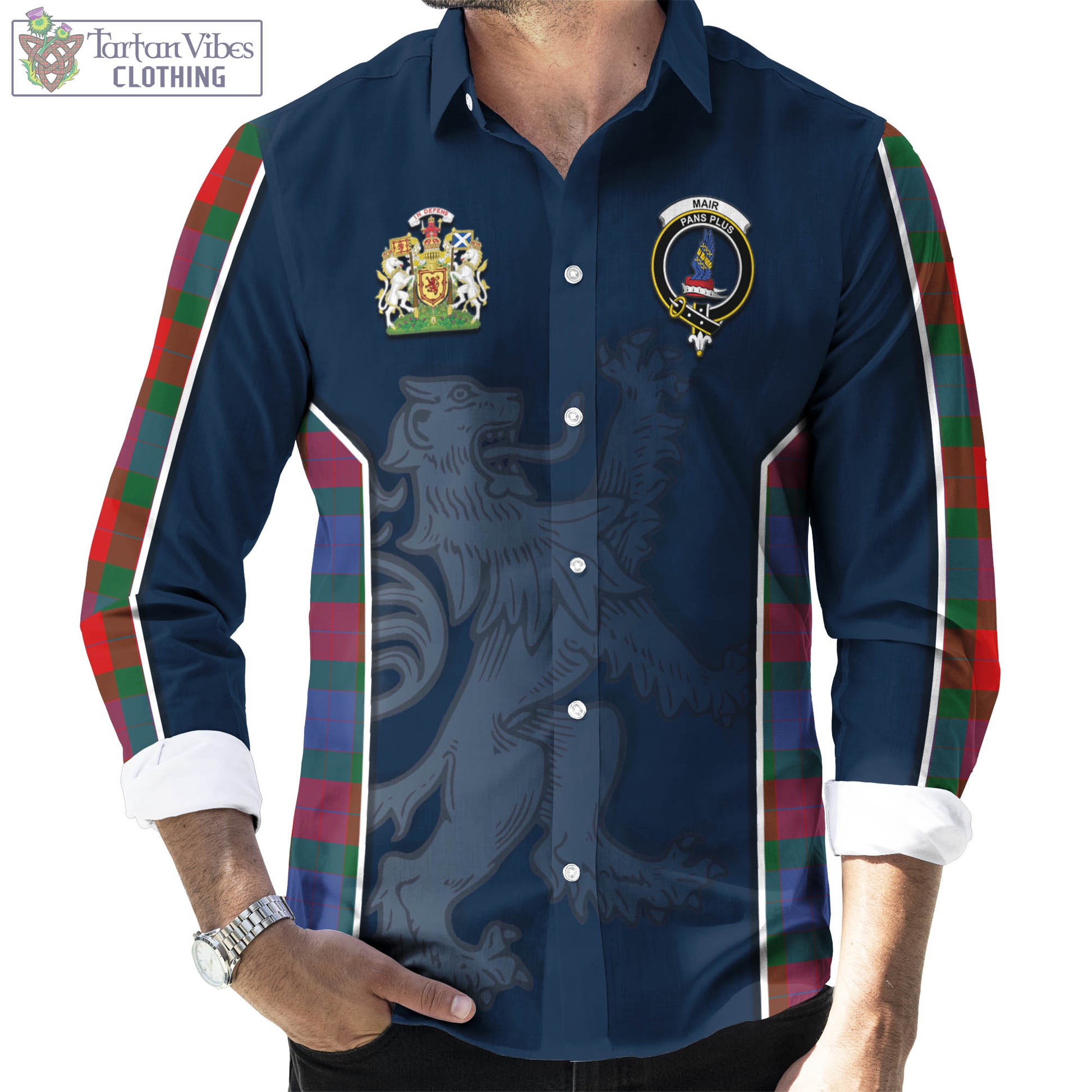 Tartan Vibes Clothing Mar Tartan Long Sleeve Button Up Shirt with Family Crest and Lion Rampant Vibes Sport Style