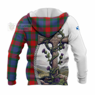 Mar Tartan Knitted Hoodie with Family Crest and St. Andrew's Cross Accented by Thistle Vines - Tartan Vibes Clothing
