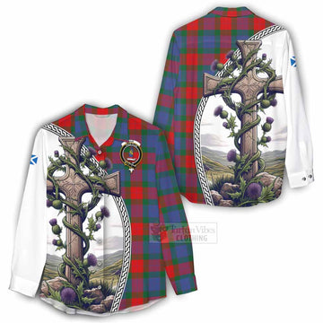 Mar Tartan Women's Casual Shirt with Family Crest and St. Andrew's Cross Accented by Thistle Vines - Tartan Vibes Clothing
