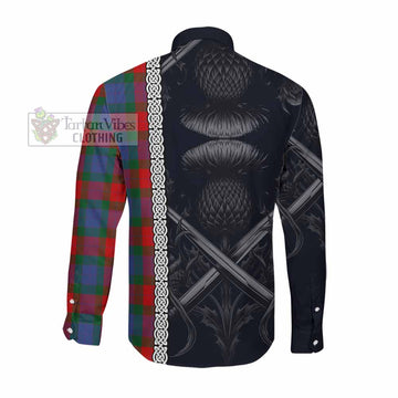 Tartan Vibes Clothing Mar Tartan Long Sleeve Button Shirt with Family Crest Cross Sword Thistle Celtic Vibes