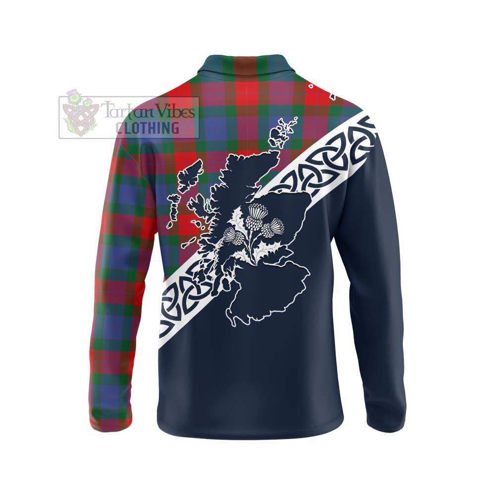 Mar Tartan Long Sleeve Polo Shirt Featuring Thistle and Scotland Map - Tartan Vibes Clothing