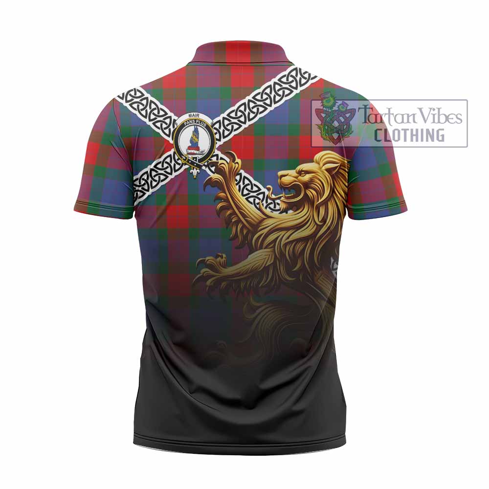 Mar Crest Tartan Zipper Polo Shirt with Golden Lion Emblem Celtic Style - Tartan Vibes Clothing