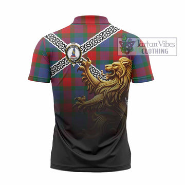 Mar Crest Tartan Zipper Polo Shirt with Golden Lion Emblem Celtic Style - Tartan Vibes Clothing