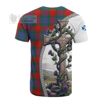 Mar Tartan Cotton T-shirt with Family Crest and St. Andrew's Cross Accented by Thistle Vines - Tartan Vibes Clothing