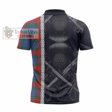 Mar Tartan Zipper Polo Shirt with Family Crest Cross Sword Thistle Celtic Vibes - Tartan Vibes Clothing