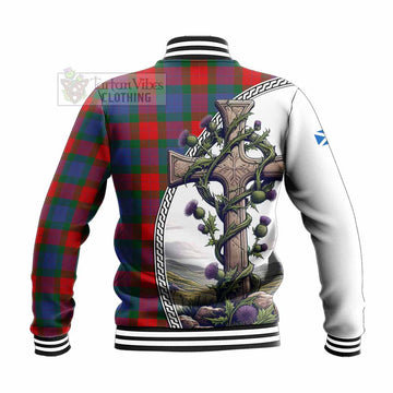 Mar Tartan Baseball Jacket with Family Crest and St. Andrew's Cross Accented by Thistle Vines - Tartan Vibes Clothing