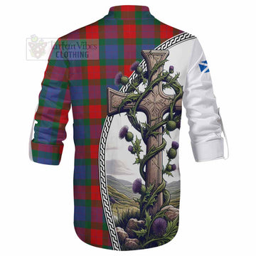 Mar Tartan Ghillie Kilt Shirt with Family Crest and St. Andrew's Cross Accented by Thistle Vines - Tartan Vibes Clothing