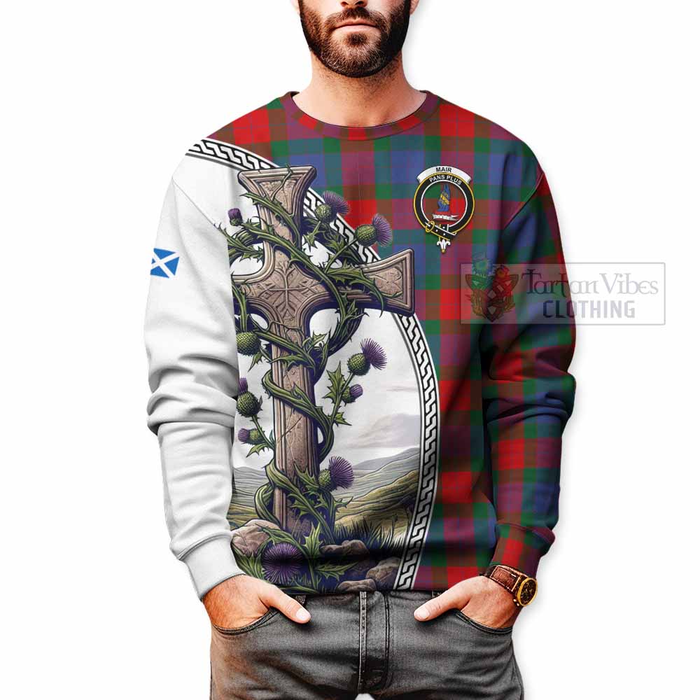 Mar Tartan Sweatshirt with Family Crest and St. Andrew's Cross Accented by Thistle Vines - Tartan Vibes Clothing