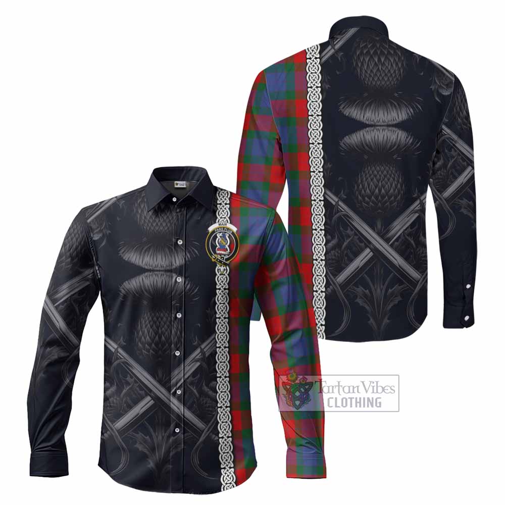 Tartan Vibes Clothing Mar Tartan Long Sleeve Button Shirt with Family Crest Cross Sword Thistle Celtic Vibes
