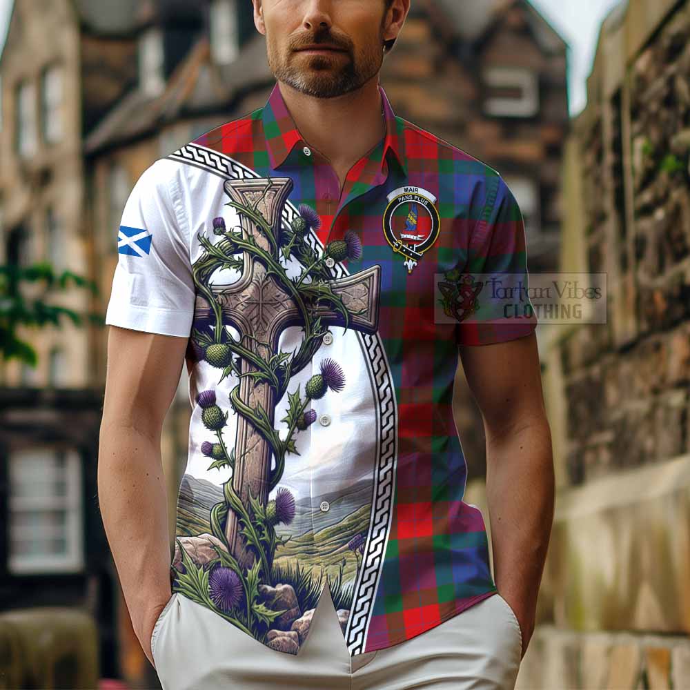 Mar Tartan Hawaiian Shirt with Family Crest and St. Andrew's Cross Accented by Thistle Vines - Tartan Vibes Clothing