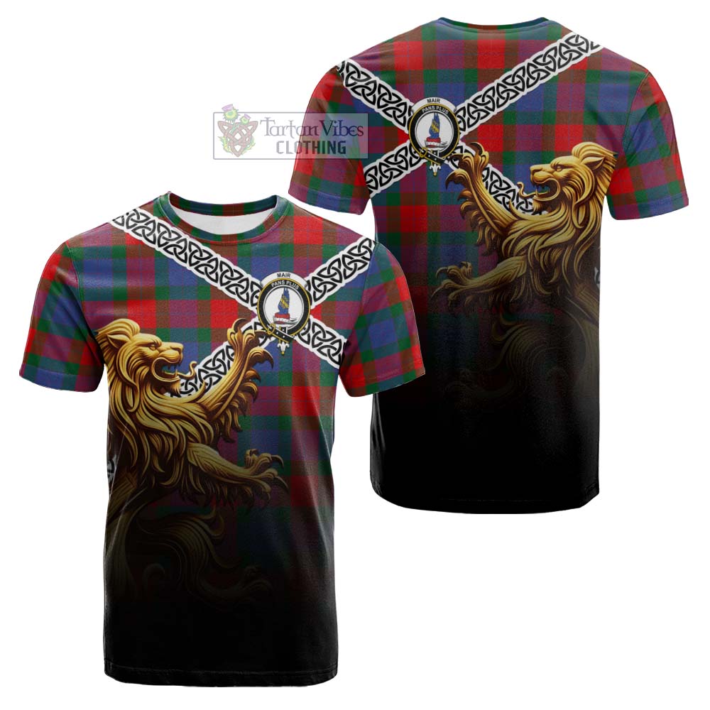 Mar Crest Tartan Cotton T-shirt with Golden Lion Emblem Celtic Style - Tartan Vibes Clothing