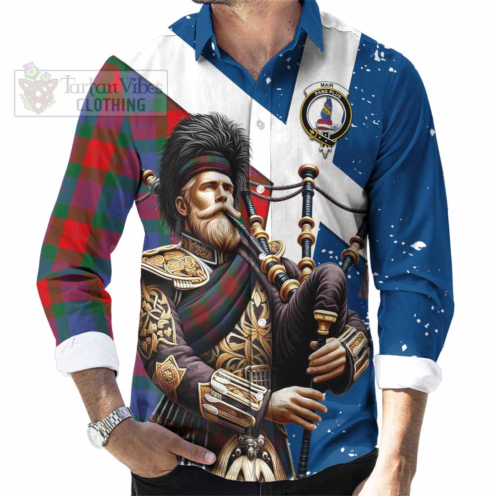 Mar Tartan Long Sleeve Button Shirt with Family Crest Scottish Bagpiper Vibes - Tartan Vibes Clothing