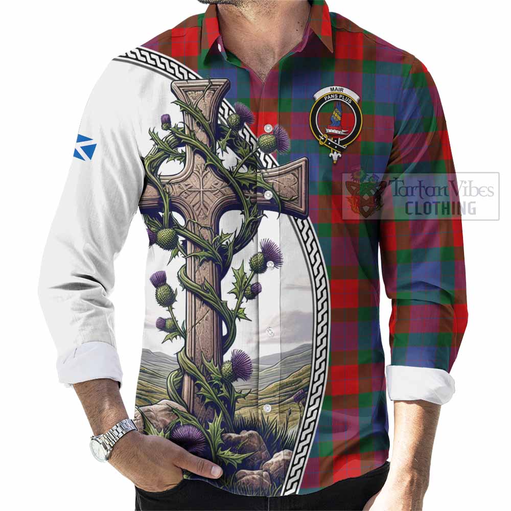 Mar Tartan Long Sleeve Button Shirt with Family Crest and St. Andrew's Cross Accented by Thistle Vines - Tartan Vibes Clothing