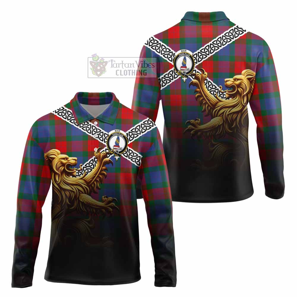 Mar Crest Tartan Long Sleeve Polo Shirt with Golden Lion Emblem Celtic Style - Tartan Vibes Clothing