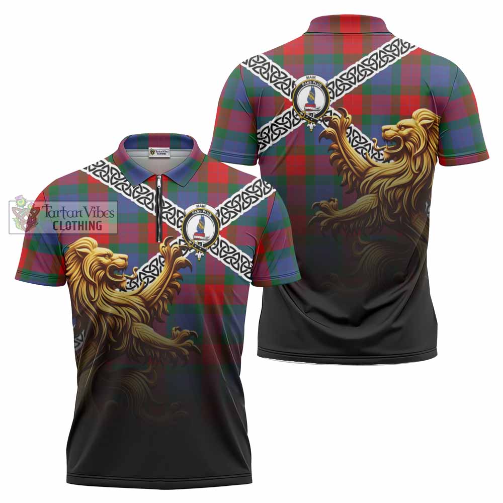Mar Crest Tartan Zipper Polo Shirt with Golden Lion Emblem Celtic Style - Tartan Vibes Clothing